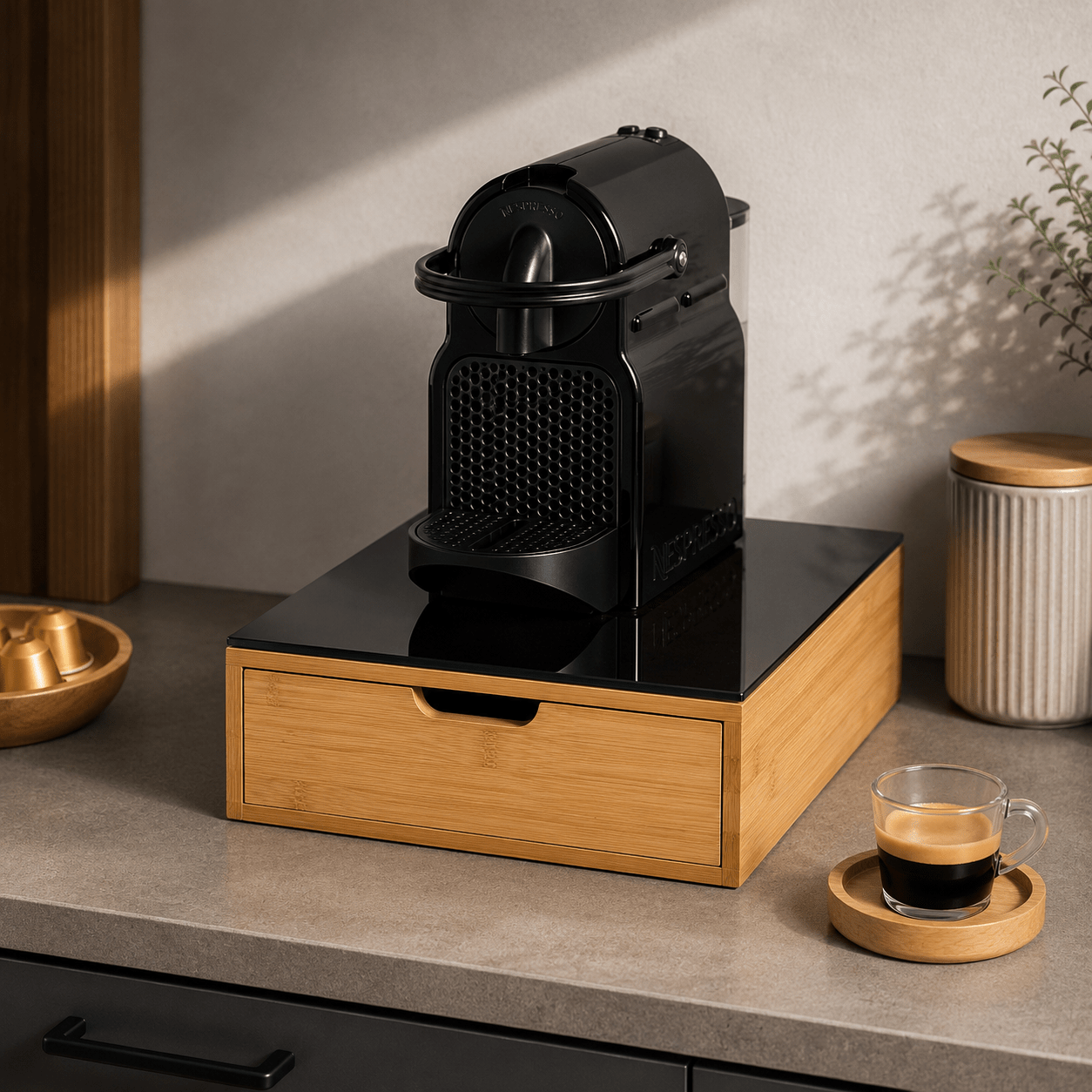 Porta cialde Organizer Bambù per Cialde con Vetro Temperato Organizer Capsule Caffè Cassetto Porta Oggetti Cassetto Minuteria Mobiletto Porta Tè Cassetto Cucito 4 Scomparti Separati