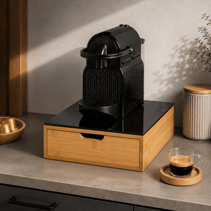 Porta cialde Organizer Bambù per Cialde con Vetro Temperato Organizer Capsule Caffè Cassetto Porta Oggetti Cassetto Minuteria Mobiletto Porta Tè Cassetto Cucito 4 Scomparti Separati