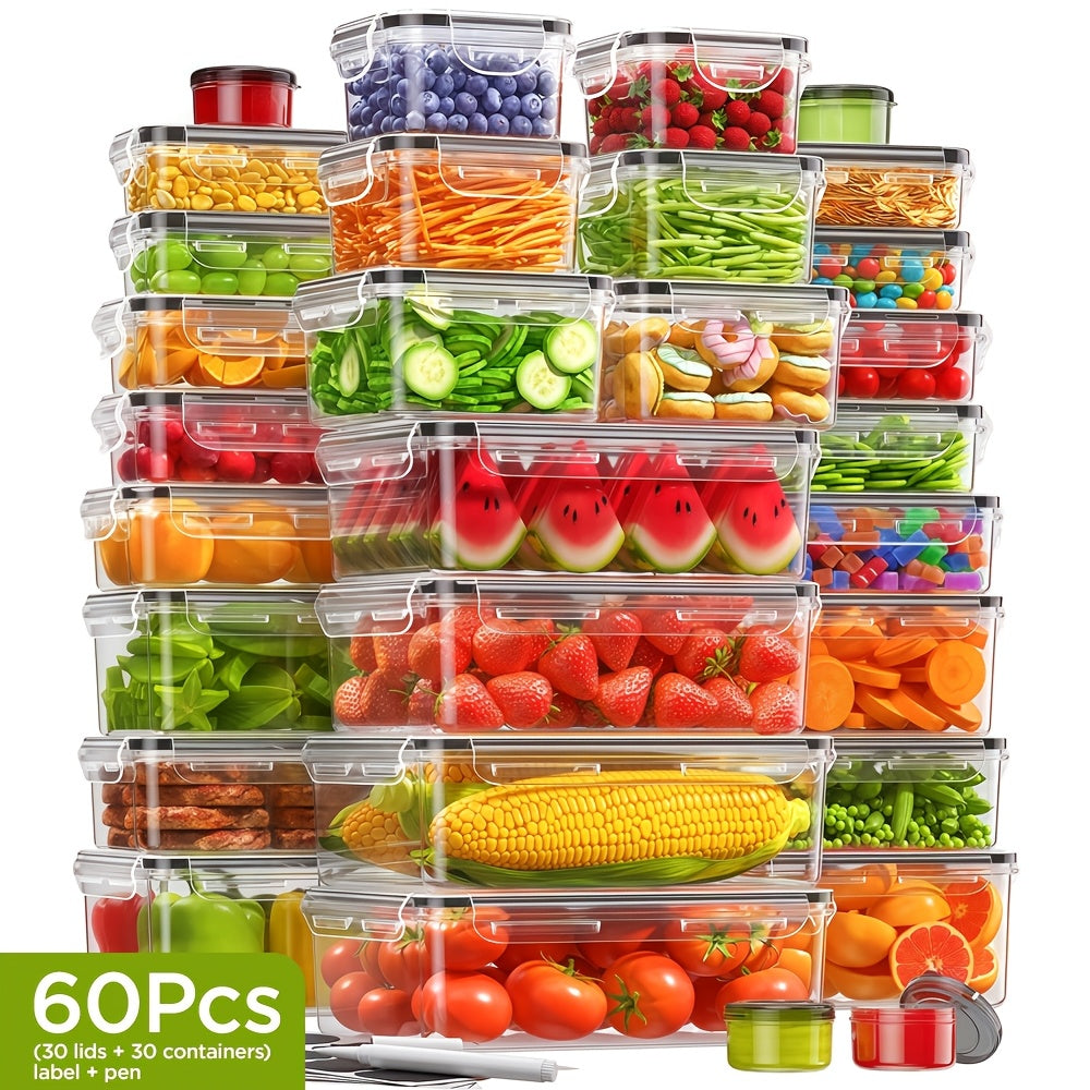 60 Pezzi Set di Contenitori per Alimenti con Coperchi - Scatole di Plastica Ermetiche e Antigoccia (30 Coperchi + 30 Contenitori) - Set per Conservazione in Cucina - Ideale per Picnic, Uscite e Feste - Sicuro per Microonde e Lavastoviglie - Etichette e Pe
