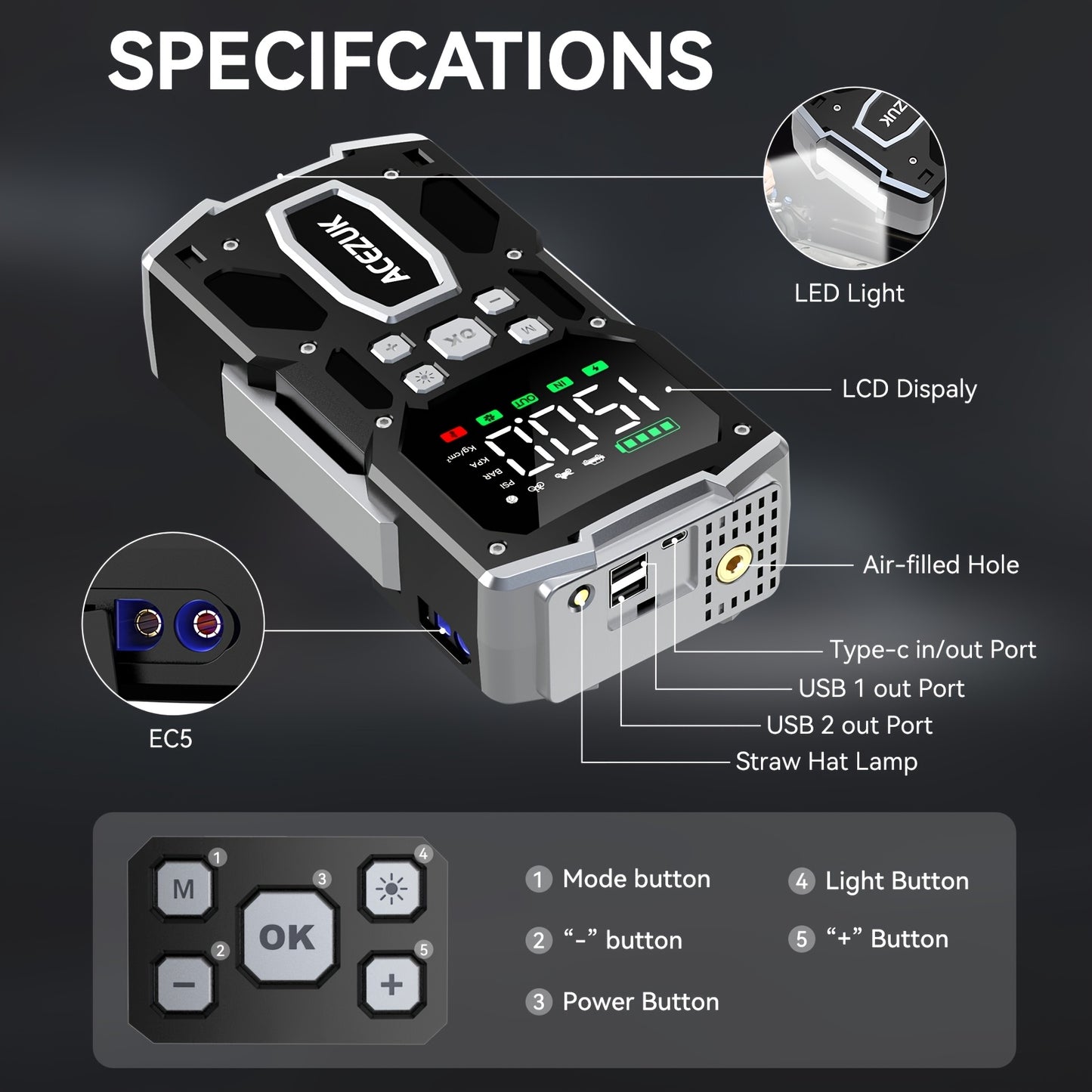 Avviatore di emergenza per auto 12000A con compressore d'aria, booster batteria 12V per tutti i motori a benzina/diesel da 10L, gonfiatore portatile per pneumatici con display LCD, luce LED QC3.0, per SUV, camion, moto con custodia