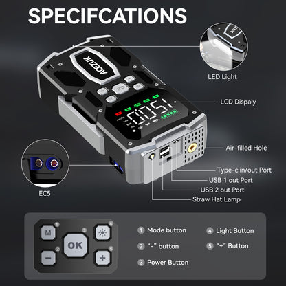 Avviatore di emergenza per auto 12000A con compressore d'aria, booster batteria 12V per tutti i motori a benzina/diesel da 10L, gonfiatore portatile per pneumatici con display LCD, luce LED QC3.0, per SUV, camion, moto con custodia