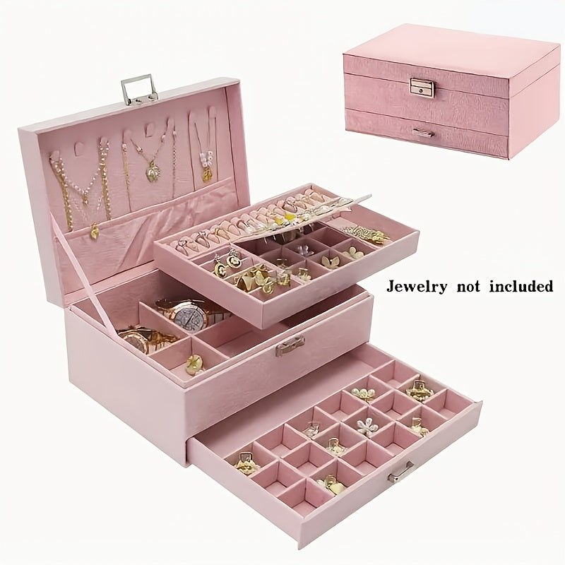 Scatola Organizzatrice Gioielli a 3 Scomparti con Serratura a Chiave - Scomparti Rivestiti in Velluto Morbido per Orecchini, Collane, Bracciali, Anelli - Scatola PU Pastello, Serratura, Design Retrò, Regalo Ideale per (Natale, Matrimonio), Scatole Gioiell