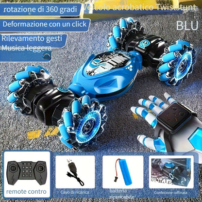 Auto Giocattolo RC Acrobatica Fuoristrada con Telecomando, Regalo di Natale, Regalo per il Rientro a Scuola, Trazione Integrale, Gioco all'Aperto. Luci e Musica Fantastici. Doppia Telecomando da Polso, Supporta il Controllo Gestuale.