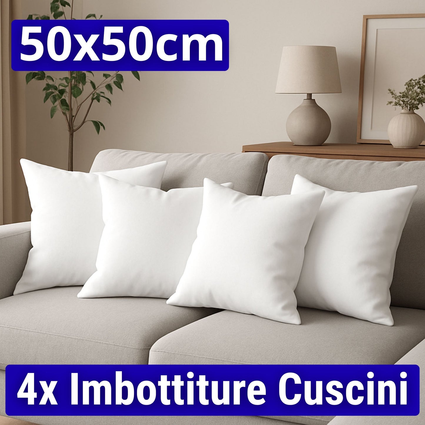 4 Imbottitura Cuscini 50x50, Set da 4 Cuscini per Divano Anallergici Morbidi e Soffici, Cuscino Interno Quadrato Prodotto in Italia, Facile da Lavare