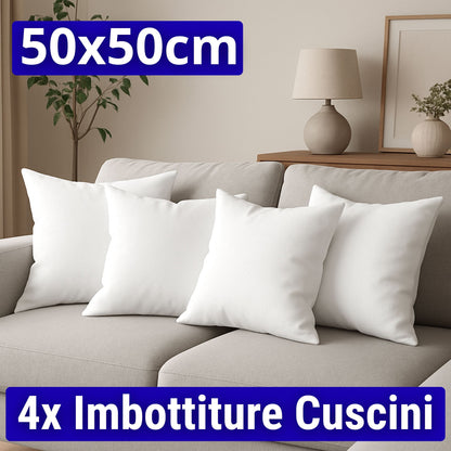 4 Imbottitura Cuscini 50x50, Set da 4 Cuscini per Divano Anallergici Morbidi e Soffici, Cuscino Interno Quadrato Prodotto in Italia, Facile da Lavare