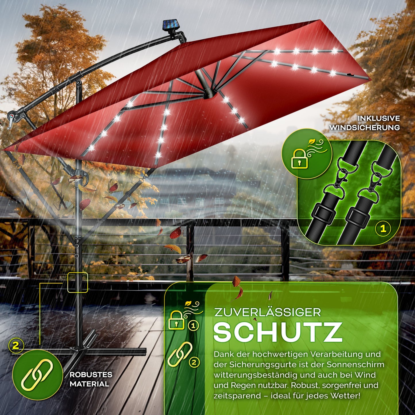 Tillvex® Tenda da Sole Rettangolare in Alluminio con LED Solare Ø 330 Cm + Copertura con Manovella | Ombrello Angolare con Luce Stradale, Supporto e Parabrezza | Grande Ombrello da Giardino in Alluminio con Protezione UV | Ombrello con Manovella, Ombrello