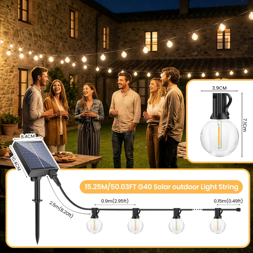 Catena Luminosa Solare LED G40 da Esterno, Opzionale 15.25/20.13/30.49 Metri, con Lampadine Infrangibili, IP44, 8 Modalità di Illuminazione e Funzione di Memoria, Adatta per Patio, Balcone, Terrazza, Giardino, Recinzione e Decorazioni Natalizie