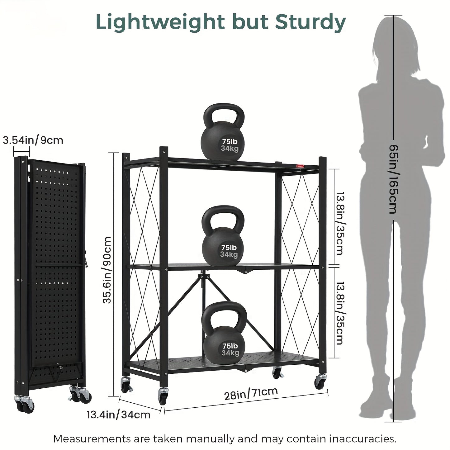 Scaffale pieghevole a 3 ripiani con ruote, scaffalatura pieghevole in metallo, carrello con ruote per riporre libri, scaffalatura pieghevole in metallo per dispensa e armadio, organizer per ufficio - Bianco/Nero
