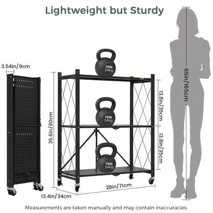 Scaffale pieghevole a 3 ripiani con ruote, scaffalatura pieghevole in metallo, carrello con ruote per riporre libri, scaffalatura pieghevole in metallo per dispensa e armadio, organizer per ufficio - Bianco/Nero