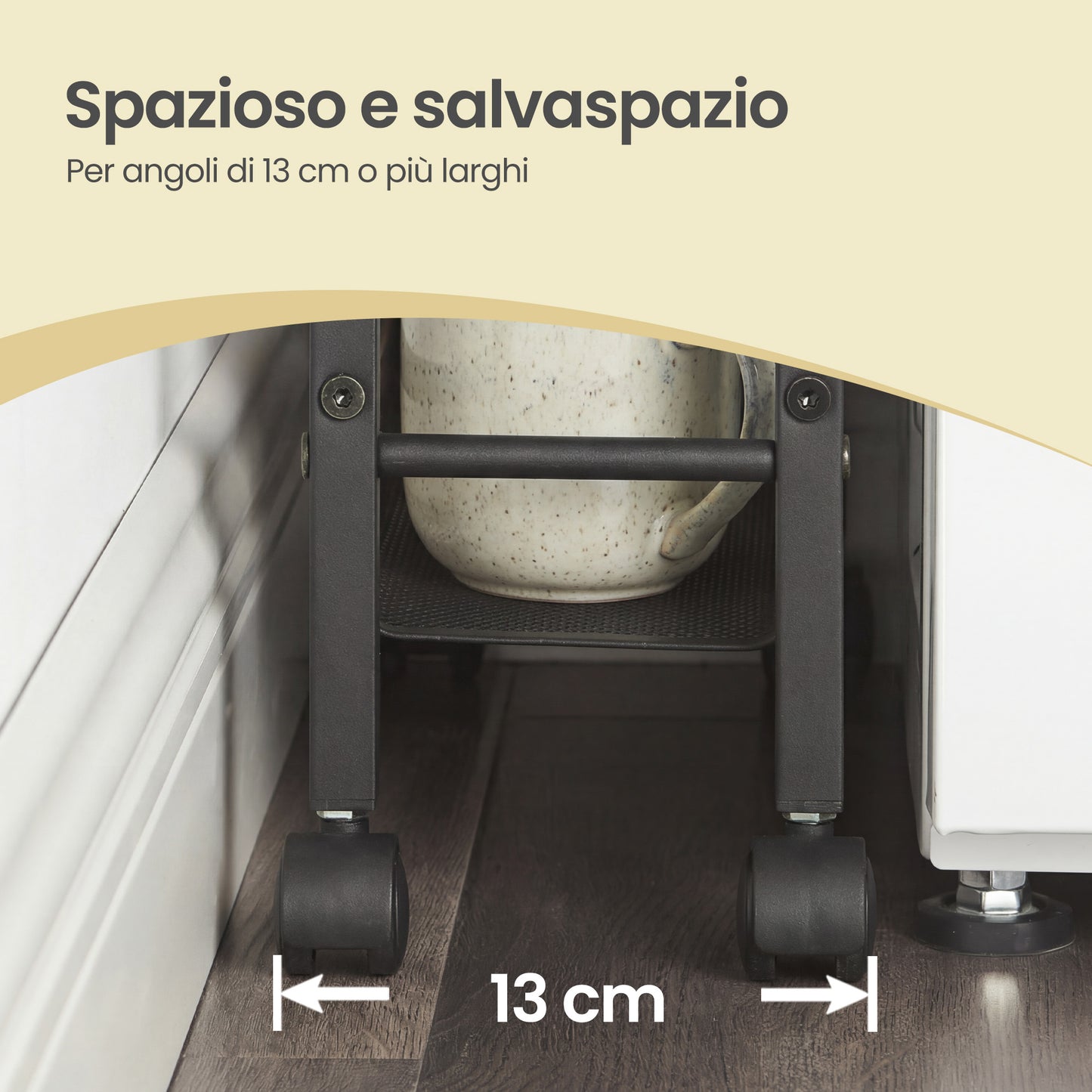 Carrello multiuso con rotelle, design sottile, si inserisce perfettamente negli spazi della cucina. Adatto per l'uso vicino alle cappe aspiranti, nei bagni e accanto ai frigoriferi.