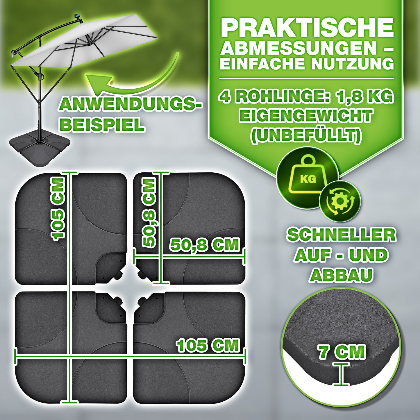 Tillvex® Supporti per Ombrelloni da Sole 60 Litri / 80 Kg - 4 Parti per Ombrellone con Semaforo Incluse Connettori in Metallo | Peso Ombrellone Riempibile con Acqua o Sabbia | Supporto per Ombrellone Resistente alle Intemperie per Balcone Esterno, Terrazz