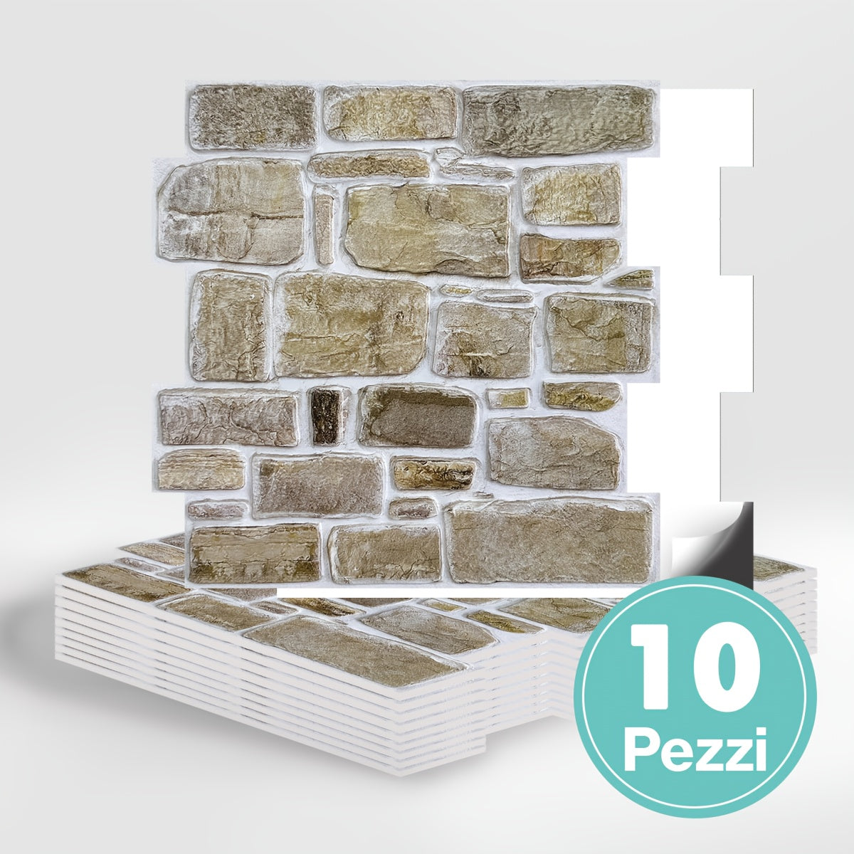 Questo pacchetto include dieci pannelli murali 3D autoadesivi con superficie in PVC effetto pietra, ciascuno misurato 30 per 30 centimetri, progettati per decorare pareti interne.