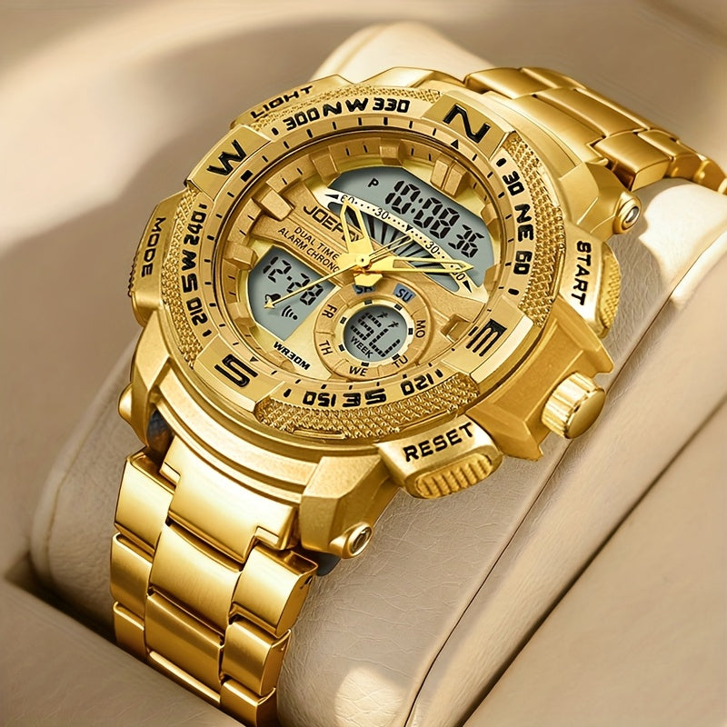 JOEFOX Orologio Sportivo da Uomo di Lusso con Doppio Display - Quadrante Grande, Luce Notturna LED, Impermeabile 3ATM, Cronografo e Sveglia, Orologio da Polso Stile Field da Uomo
