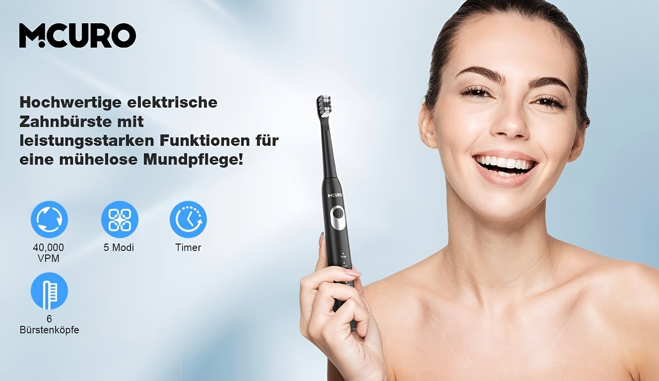 Spazzolino elettrico sonico per adulti con modalità intelligenti e ricaricabile USB, tecnologia a onde sonore adatta a denti e gengive sensibili, setole morbide, 6 testine, custodia da viaggio e supporto da parete, adatto per viaggi, regali di Natale