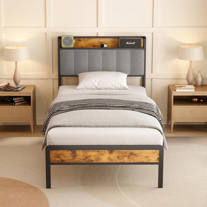 Letto matrimoniale elegante in legno imbottito con struttura in metallo, con rete a doghe in legno e testiera di supporto - Perfetto per qualsiasi camera da letto (Grigio scuro, Grigio)