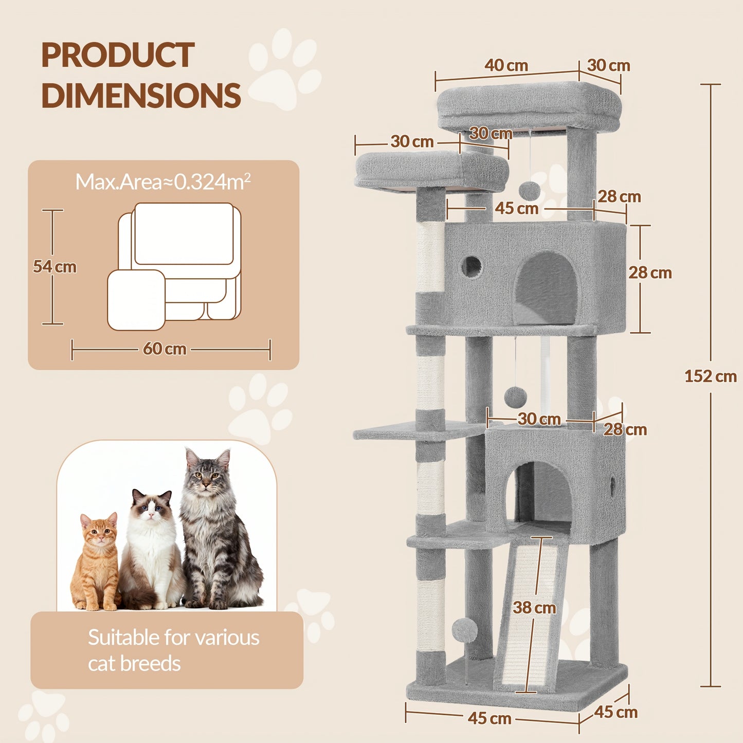 Grande Albero per Gatti, 152cm Tiragraffi, Robusto Albero per Gatti Grandi con Tiragraffi in Sisal, Tavola per Graffiare, 2 Comode Casetta per Gatti, 2 Piattaforme, Pompon, Area Riposo
