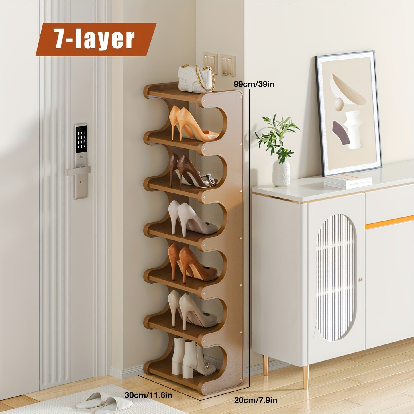 Un scarpiera compatto a 7 ripiani progettato per gli angoli delle case, dormitori o case in affitto, massimizzando l'efficienza dello stoccaggio. Questi armadietti per scarpe si adattano bene in vari tipi di stanze