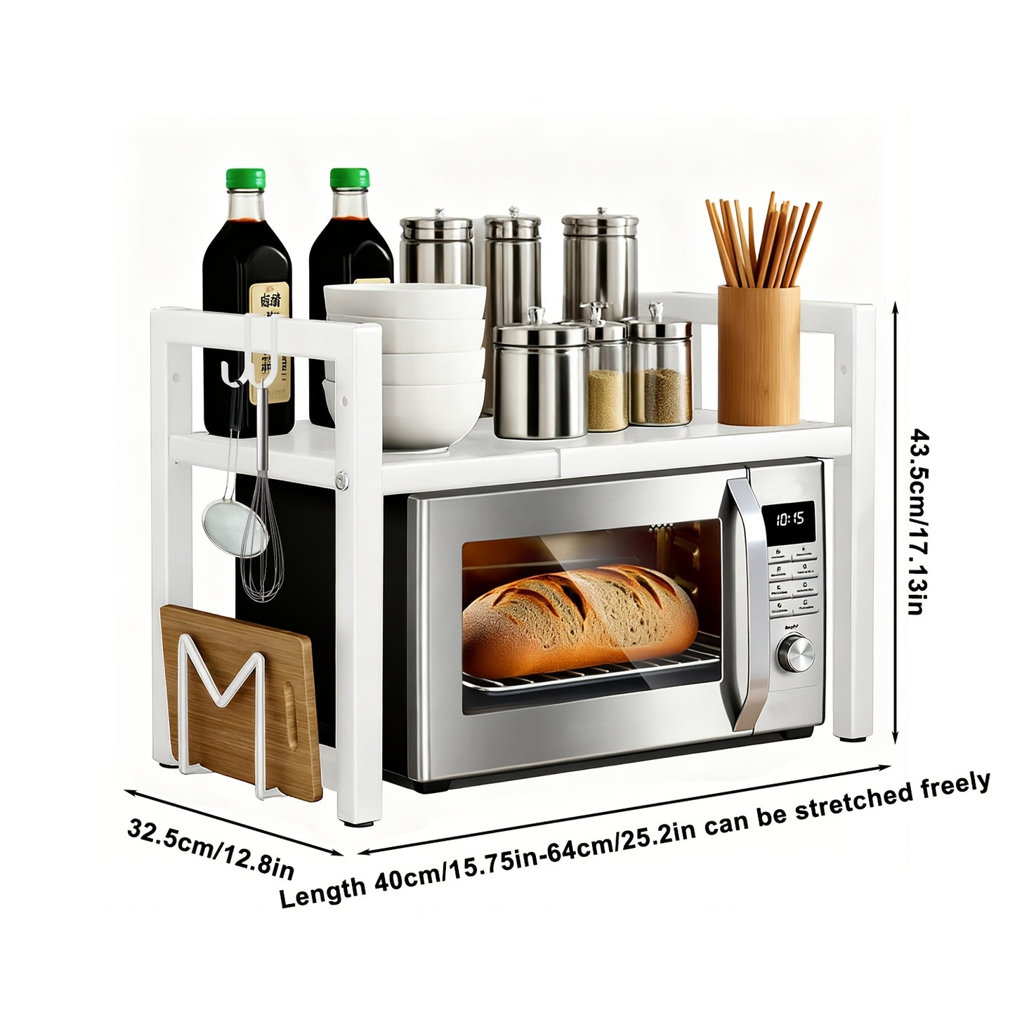 Scaffale Espandibile per Microonde a 2/3 Livelli con 2 Ganci, Porta Tagliere e 3 Asciugamani. Larghezza Regolabile da 40cm a 64cm, Altezza Regolabile. Adatto per Cucine, Studi e Uffici (Nero, Bianco)