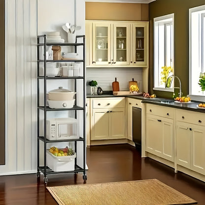 Carrello portaoggetti regolabile con 6 ripiani, dotato di ruote e ganci - Adatto per cucina, camera da letto, bagno, scaffale multifunzionale - Salvaspazio, unità scaffalatura multifunzionale | Design a scaffali aperti | Opzioni di archiviazione modulare