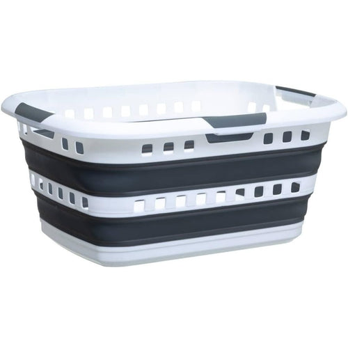 Cesto per la biancheria 45L - 3 maniglie ergonomiche - Cesto per la biancheria rettangolare retrattile - Grande capacità - Grigio e bianco