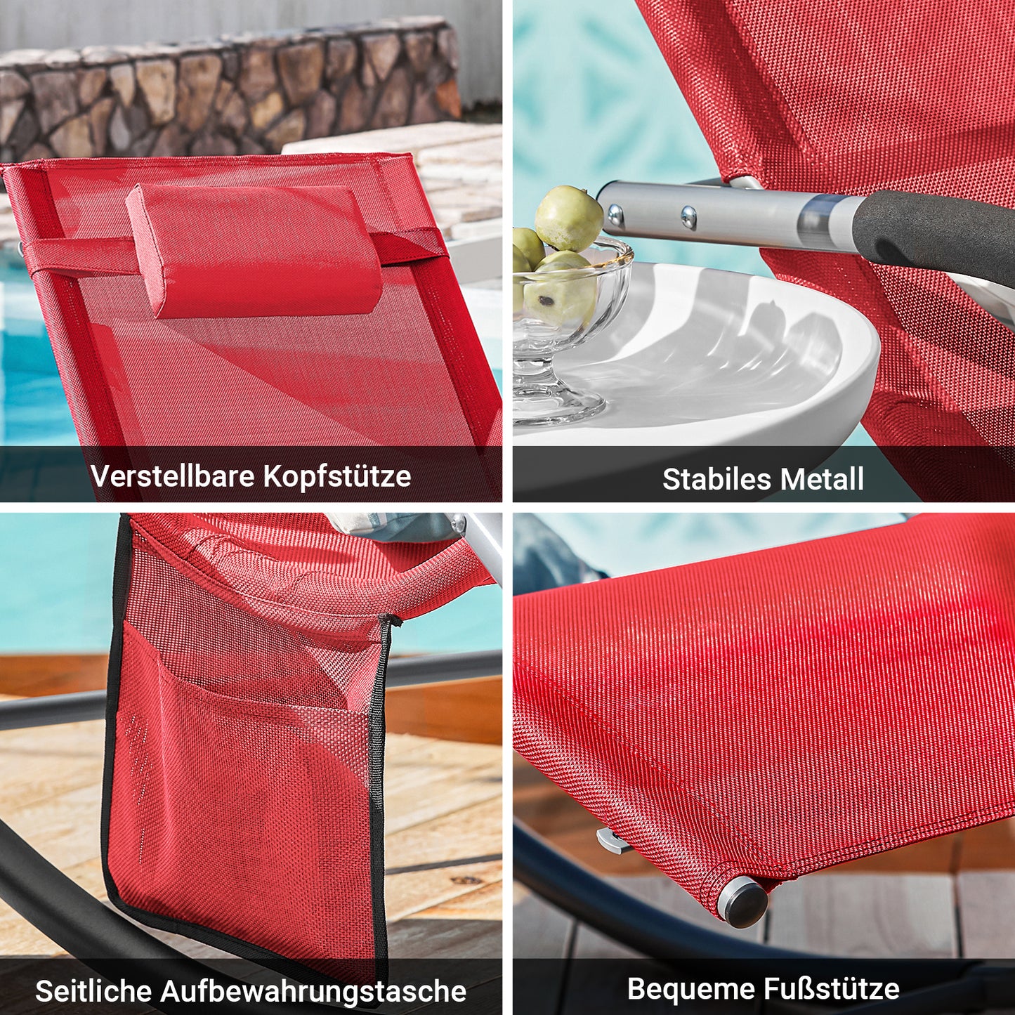 1 Pezzo Lettino Prendisole Lettino da Giardino Sdraio Relax Sedia a Dondolo da Esterno con Cuscino Poggiatesta Superficie Ergonomica Tessuto Resistente agli Agenti Atmosferici Struttura in Metallo Tasca Laterale Portata Massima 150 kg Terrazza Balcone Gia