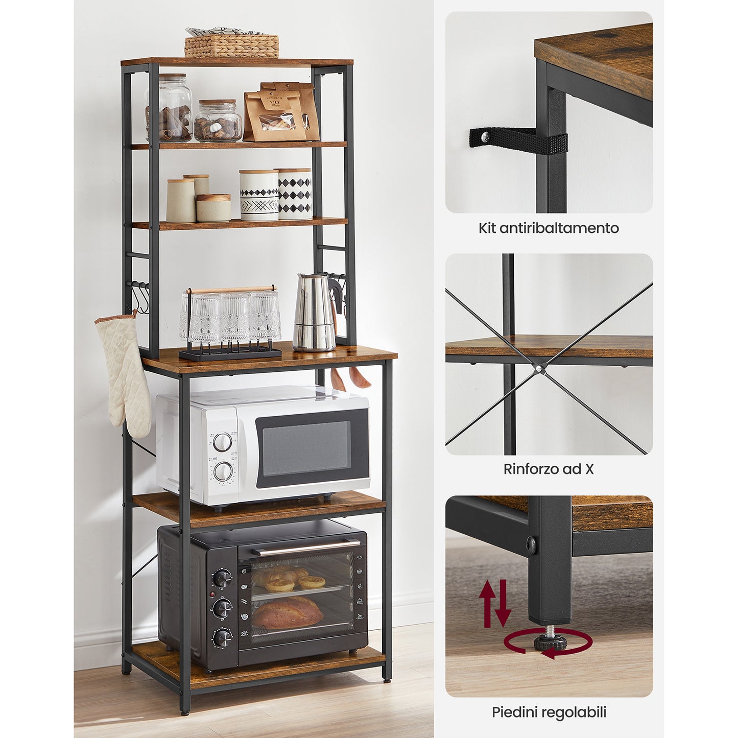 VASAGLE Scaffale Portaoggetti da Cucina, Stazione Caffè, Griglia da Forno, con 6 Ripiani e 6 Ganci, Adatto per Microonde, Struttura in Acciaio, Stile Industriale, Dimensioni 40 X 60 X 167 Cm