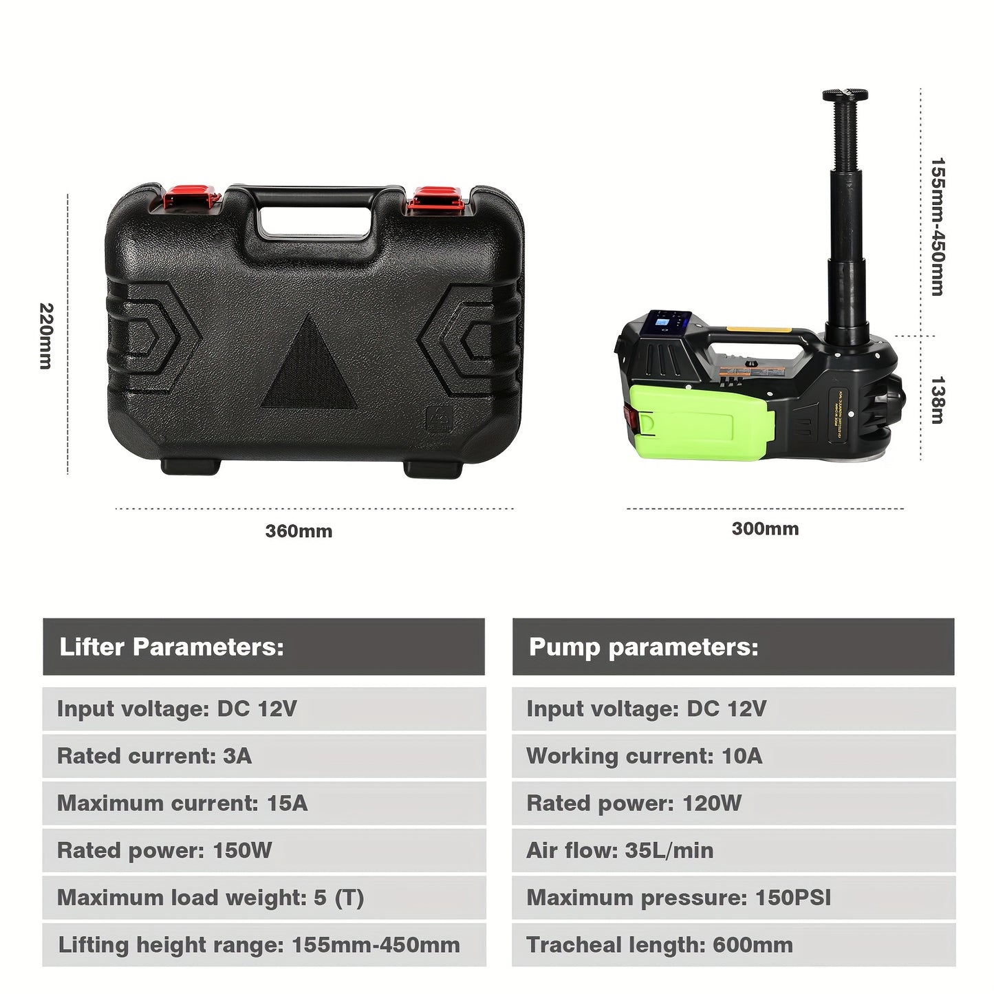Kit martinetto per auto 4 in 1 12V 5T, cavalletto martinetto elettrico con display LCD per berlina, SUV, sollevatore auto, martinetti idraulici a pavimento