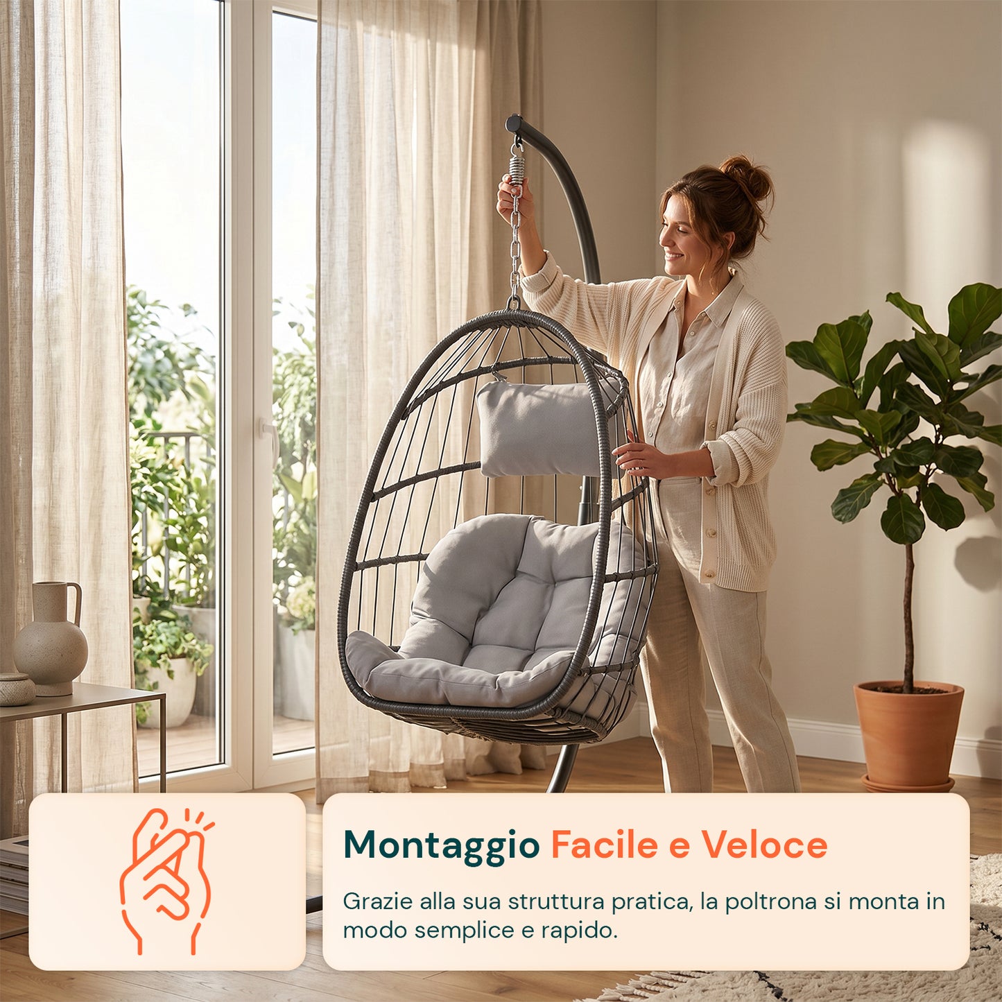Poltrona Sospesa da Giardino Richiudibile con Cuscini Imbottiti in Acciaio Zincato e Effetto Rattan - Portata 160kg