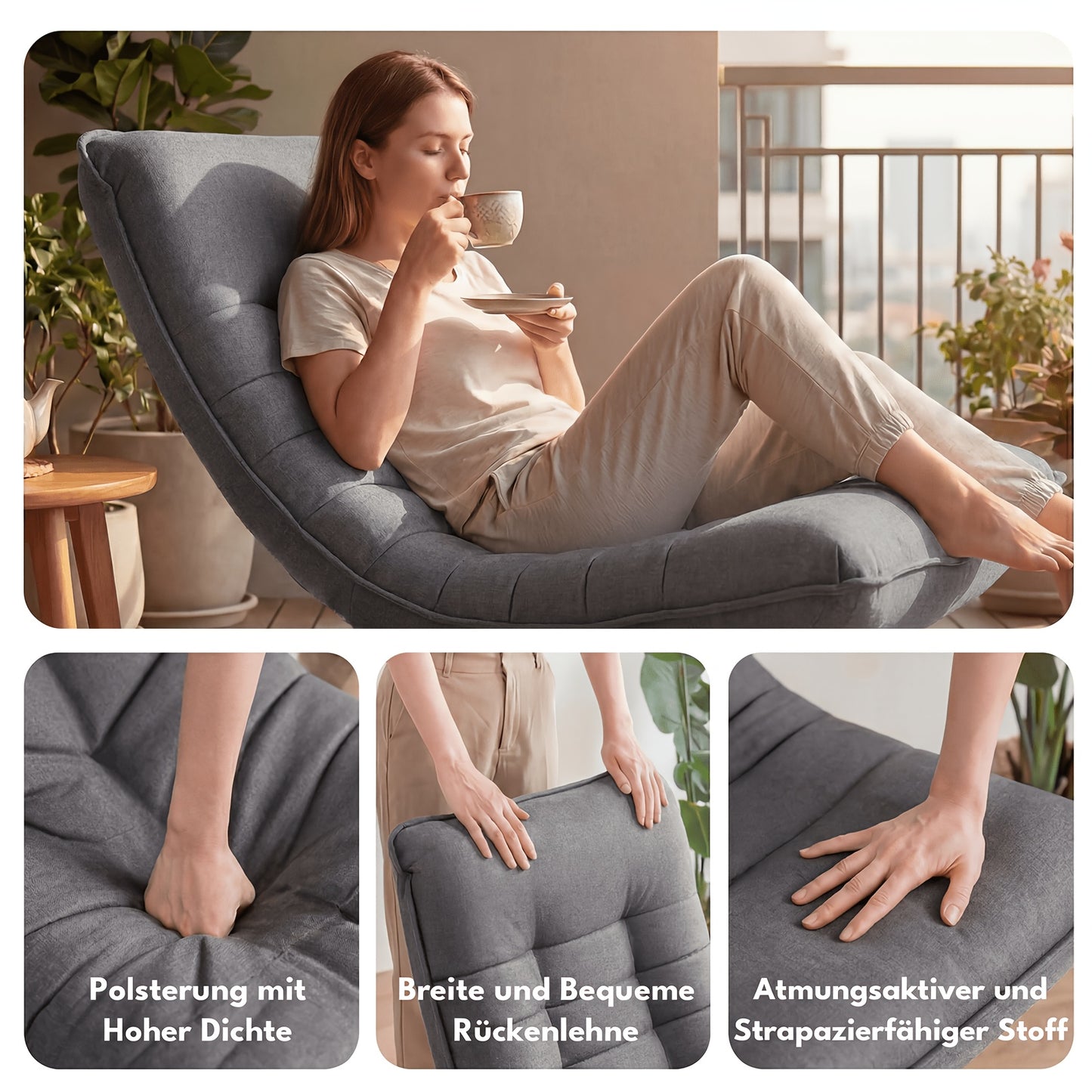 Poltrona Divano, Sedia da Terra, Schienale Regolabile Rotazione a 360° Pieghevole Portata 150Kg Design Elegante e Comfort Fanno di Essa l'Attenzione Principale della Tua Decorazione Domestica, Offrendoti un Luogo Comodo per Rilassarti. Nero, Grigio