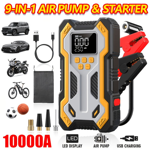 Avviatore di emergenza portatile multifunzione 9-in-1 10000A con gonfiatore per pneumatici e compressore d'aria, avviatore portatile per batteria auto 150PSL, gonfiatore digitale per pneumatici, luce di emergenza a LED e strumento accessorio per auto. Dis
