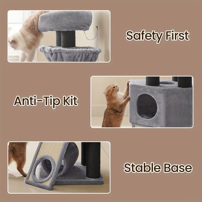 Albero per gatti, grande torre per gatti con posatoio in peluche soffice, condominio per gatti con cestino e grotta per abbracciare, pali extra spessi completamente avvolti in sisal nero, stabile, confortevole