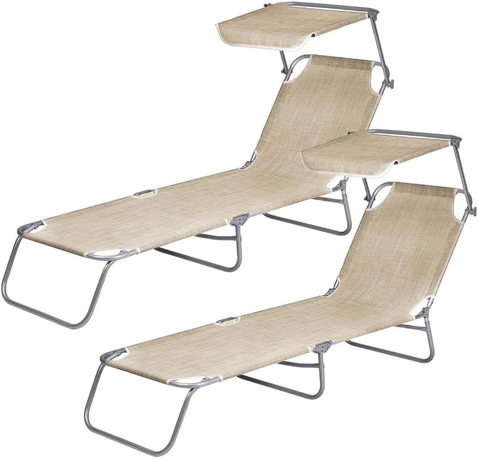 2 Lettini Prendisole Pieghevoli con Tetto Parasole, Misura 180x55x90 cm, Tessuto Textilene, Struttura Metallo Tubolare da 18mm, per Spiaggia, Piscina, Giardino, Peso Max 120kg