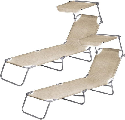 2 Lettini Prendisole Pieghevoli con Tetto Parasole, Misura 180x55x90 cm, Tessuto Textilene, Struttura Metallo Tubolare da 18mm, per Spiaggia, Piscina, Giardino, Peso Max 120kg