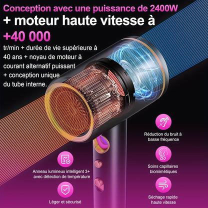 Asciugacapelli Ionico Professionale 2400W con Motore AC, Veloce, 3 Impostazioni di Calore e 3 Velocità, Pulsante Caldo/Freddo, Diffusore da Viaggio Incluso