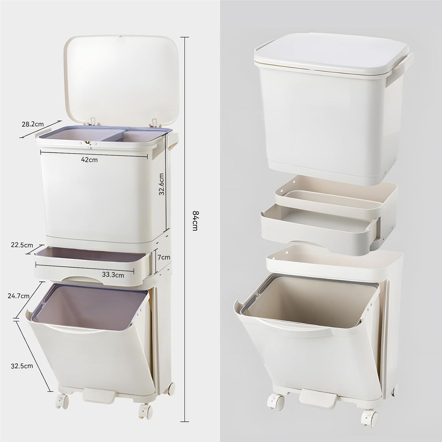Cestino per Rifiuti da Cucina, 3 Scomparti, 42L Sistema di Separazione Rifiuti in Plastica Riciclata, Cestino a Pedale con Coperchio e Ruote per Cucina, Casa, Ufficio