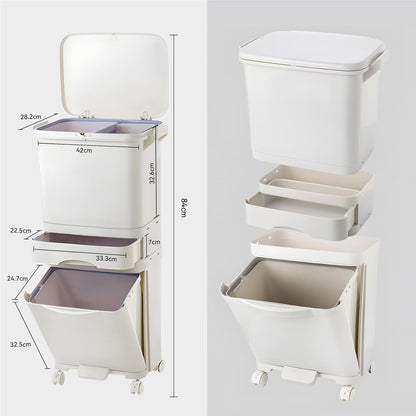 Cestino per Rifiuti da Cucina, 3 Scomparti, 42L Sistema di Separazione Rifiuti in Plastica Riciclata, Cestino a Pedale con Coperchio e Ruote per Cucina, Casa, Ufficio