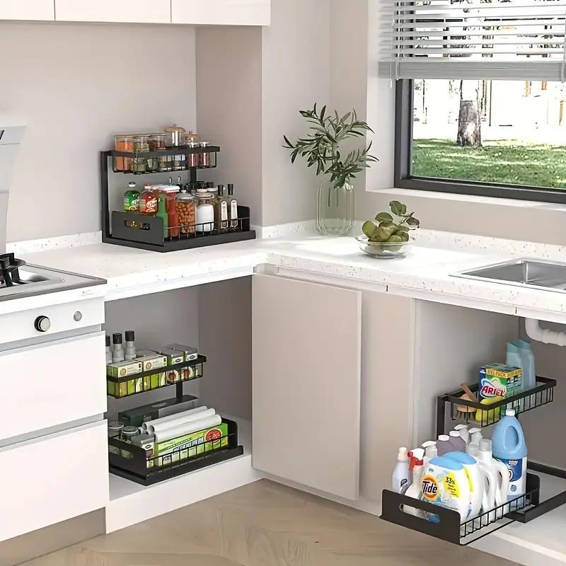 2 pezzi Scaffali portaoggetti in metallo per lavello, scaffali portaoggetti a 2 piani con cassetti scorrevoli, mobili estraibili per lavello, scaffali multiuso per lavello in cucina, bagno, dispensa, organizer sottolavello