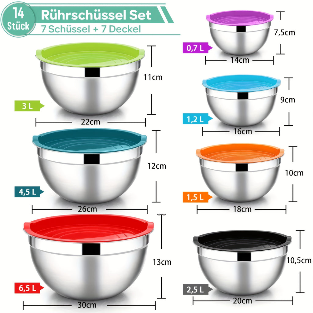 Set di ciotole per miscelare da 21 pezzi/7 pezzi con coperchi, ciotole per insalata impilabili in acciaio inossidabile con 3 grattugie, 7 cucchiaini dosatori e fondo in silicone antiscivolo, ciotole da cucina per cucinare, cuocere al forno e preparare ali