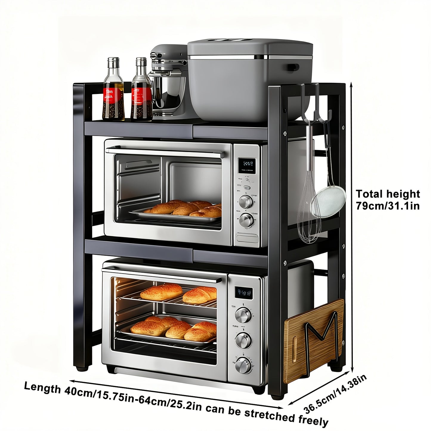 Scaffale Espandibile per Microonde a 2/3 Livelli con 2 Ganci, Porta Tagliere e 3 Asciugamani. Larghezza Regolabile da 40cm a 64cm, Altezza Regolabile. Adatto per Cucine, Studi e Uffici (Nero, Bianco)
