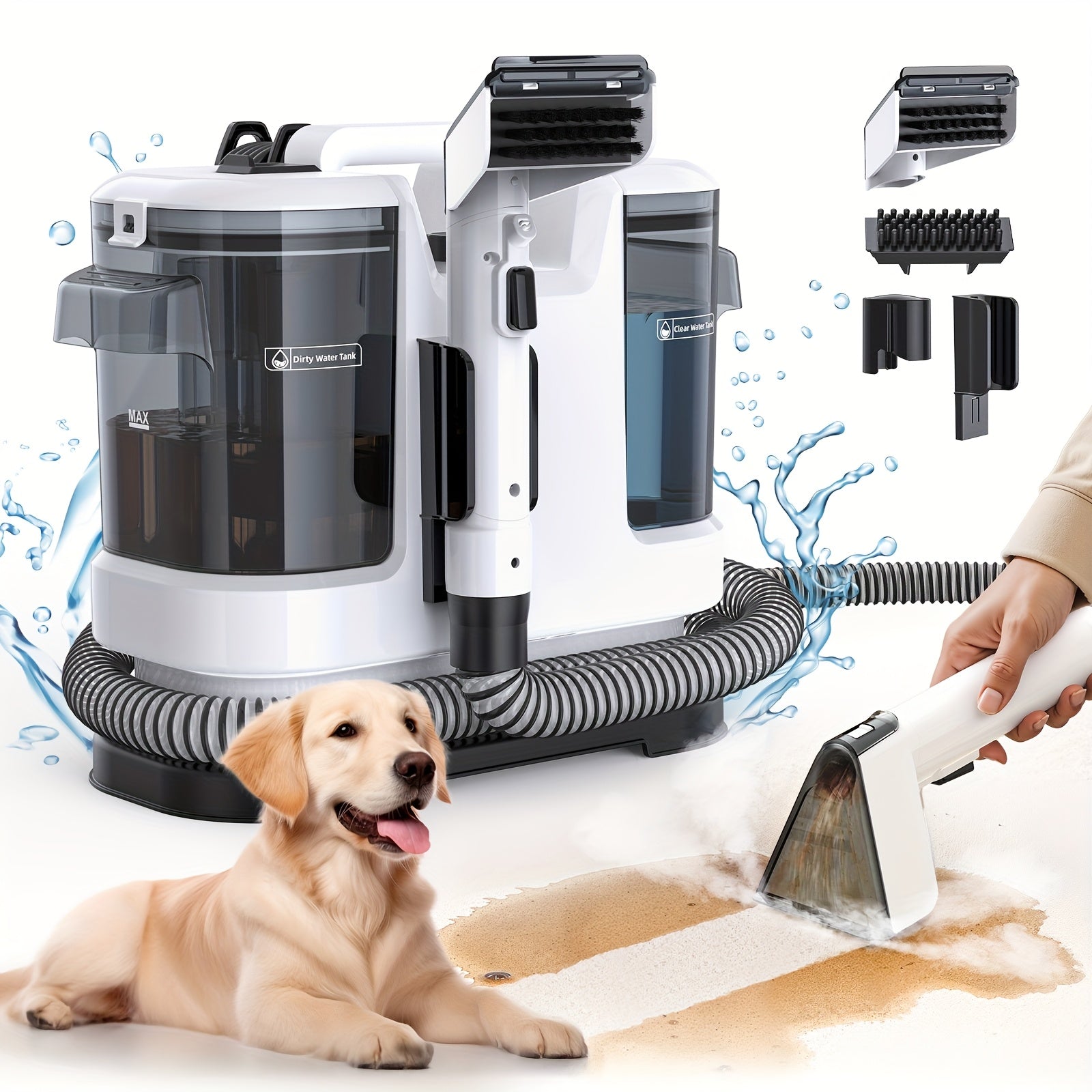 Macchina per la pulizia di macchie di tappeti e rivestimenti portatile multiuso, potente aspirazione da 22500Pa, macchina per la pulizia di tessuti con doppio serbatoio dell'acqua, smacchiatore non chimico per tappeti, animali domestici, sedili auto, diva