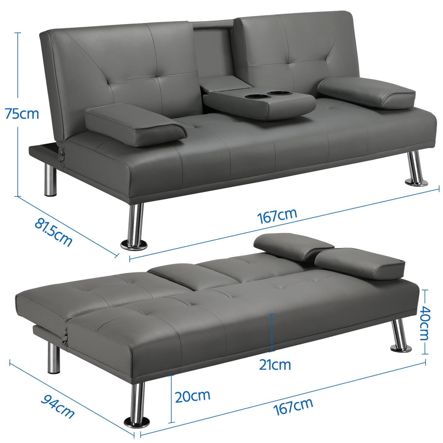 Costoffs Divano Letto a 3 Posti Divano Trasformabile con 2 Braccioli Staccabili Mobile Imbottito con Supporto Centrale Porta Bicchieri Divanetto Reclinabile da Salotto