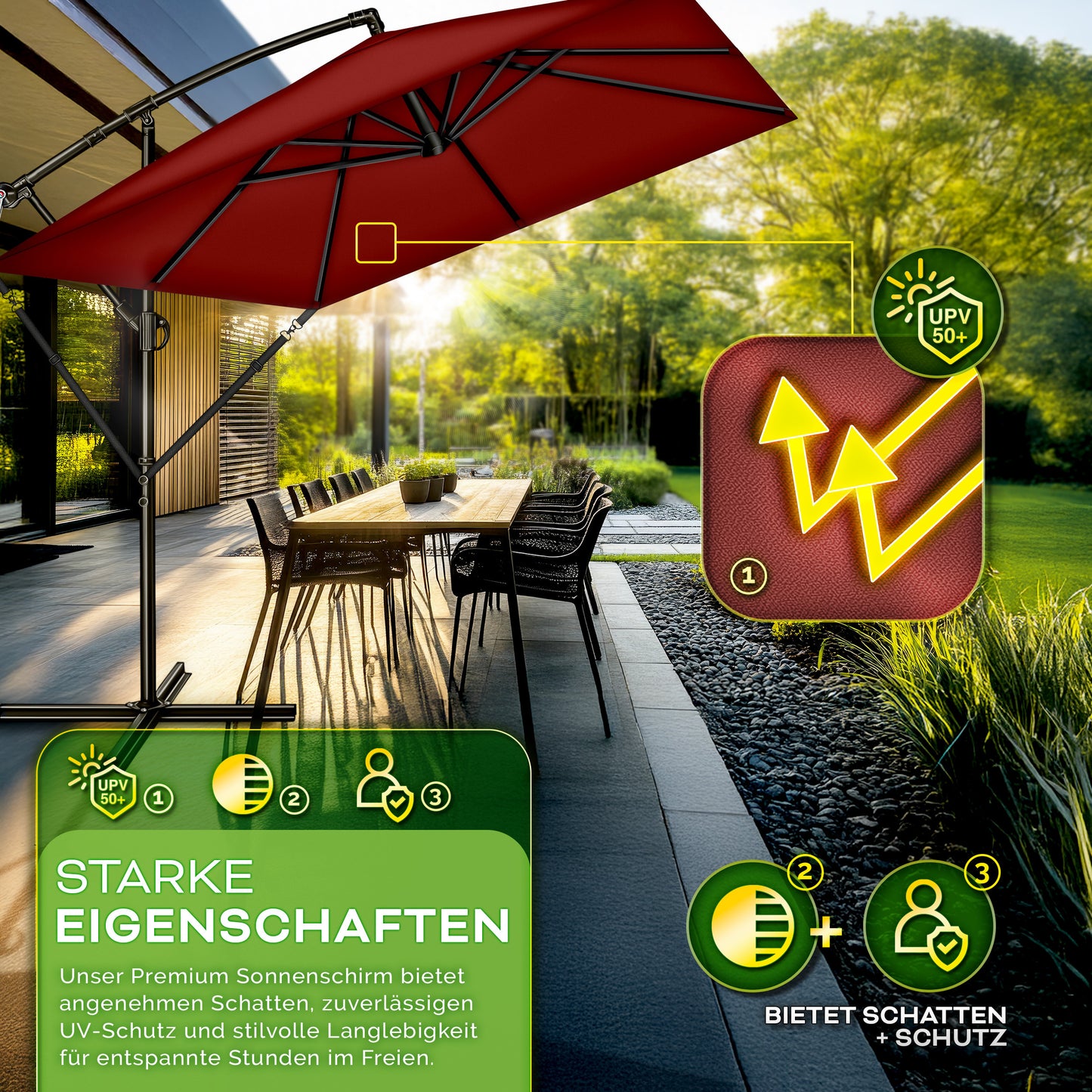 Tillvex® Parasole Rettangolare in Alluminio Ø 330 Cm + Copertura con Manovella | Schermo Angolare a Luce Rossa con Supporto & Parabrezza | Grande Parasole da Giardino in Alluminio Protezione UV | Schermo con Manovella Impermeabile Girevole a 360° per Terr