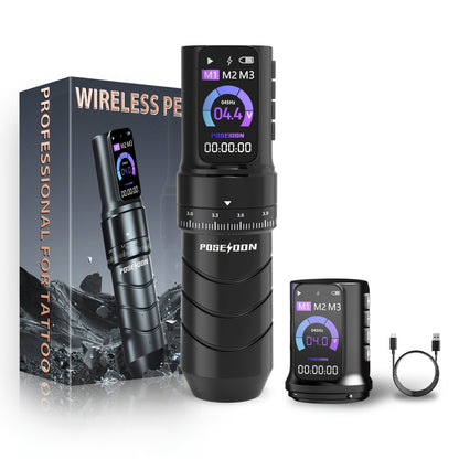 POSEIDON Macchinetta Tatuaggio Rotante Wireless a Penna, Motore Senza Nucleo con Passo Regolabile da 2.4-4.2Mm, Due Batterie con Schermo Digitale da 2300Mah per Principianti