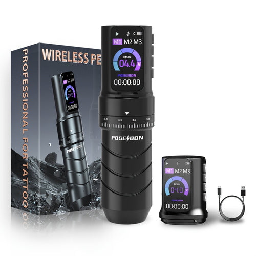 POSEIDON Macchinetta Tatuaggio Rotante Wireless a Penna, Motore Senza Nucleo con Passo Regolabile da 2.4-4.2Mm, Due Batterie con Schermo Digitale da 2300Mah per Principianti