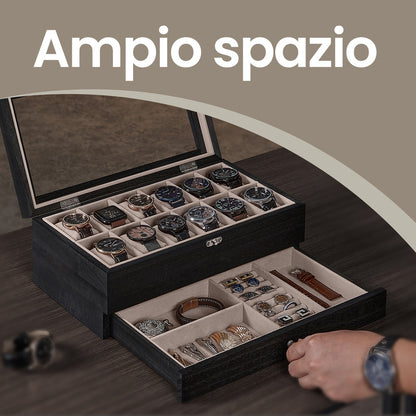 Scatola per Orologi, Porta Orologi in Legno, Scatola Portaorologi a 2 Livelli, 12 Posti, con Coperchio in Vetro, Cuscinetti per Orologi, Rivestimento in Velluto, scatola di conservazione a grande capacità per la casa, scelta ideale per i regali, scomparti