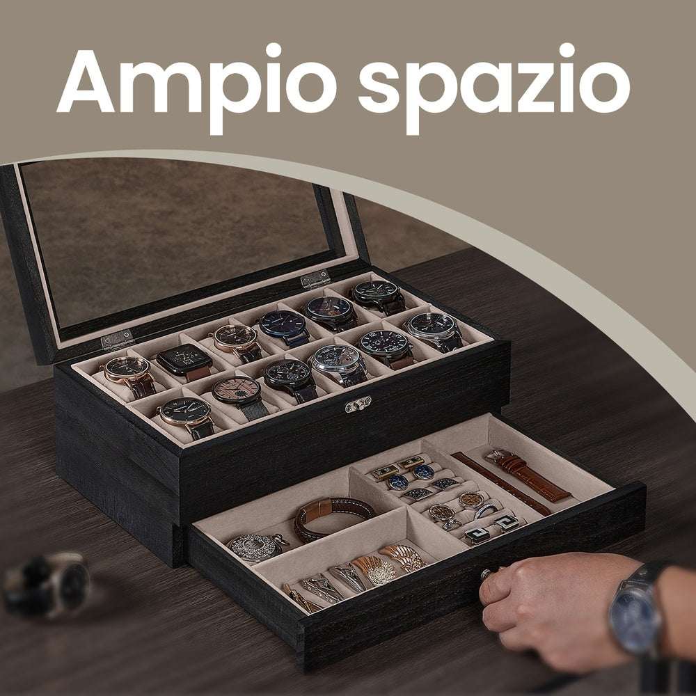 Scatola per Orologi, Porta Orologi in Legno, Scatola Portaorologi a 2 Livelli, 12 Posti, con Coperchio in Vetro, Cuscinetti per Orologi, Rivestimento in Velluto, scatola di conservazione a grande capacità per la casa, scelta ideale per i regali, scomparti
