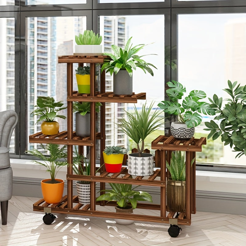 Scaffale per fiori a 6 ripiani di grandi dimensioni con ruote, espositore per vasi da giardino in legno di pino per patio, verande, balconi, interni, esterni, scaffale da terra, scaffale da terra