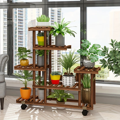 Scaffale per fiori a 6 ripiani di grandi dimensioni con ruote, espositore per vasi da giardino in legno di pino per patio, verande, balconi, interni, esterni, scaffale da terra, scaffale da terra