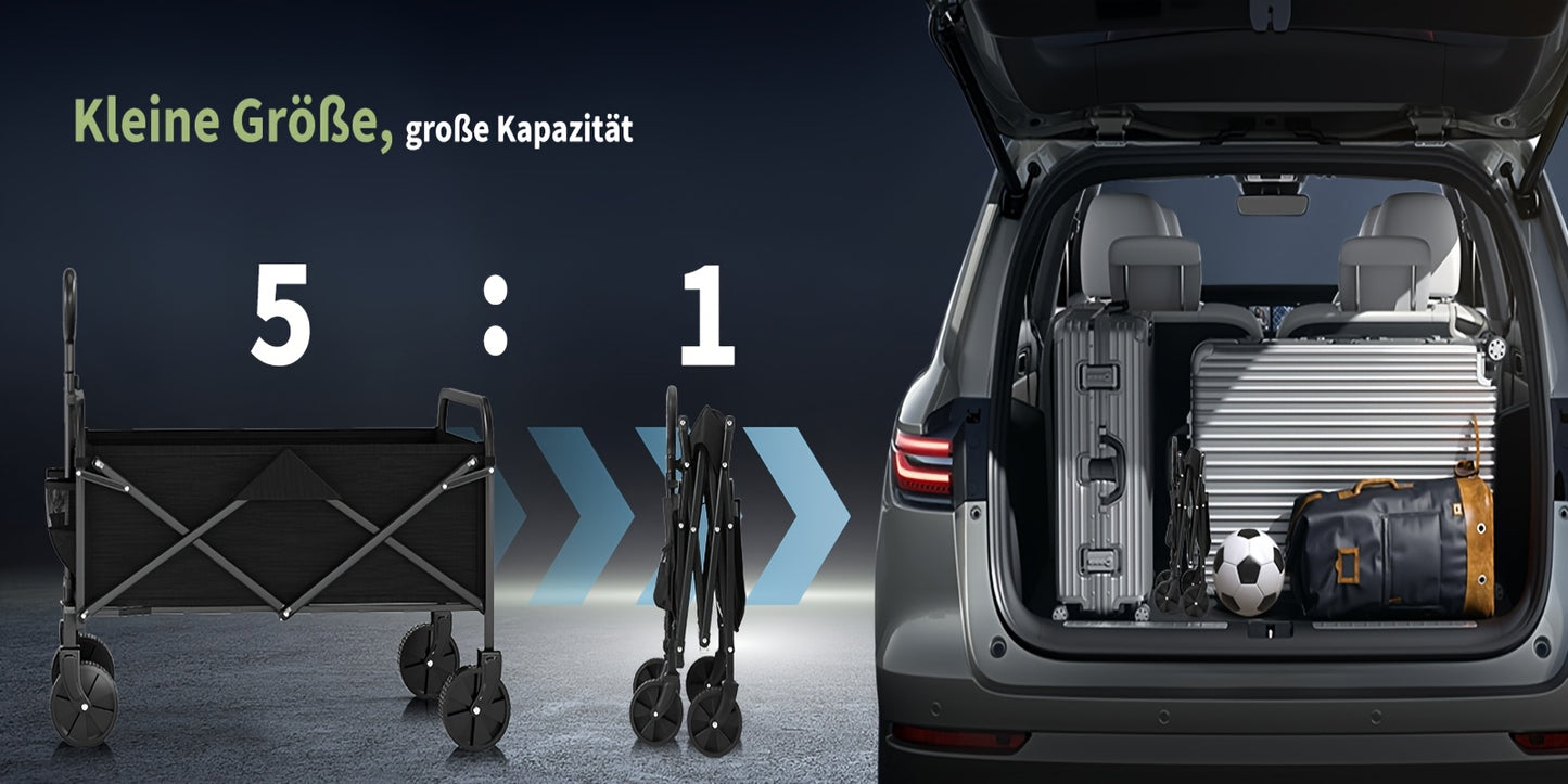 Carrello Pieghevole e Pieghevole, 220L Grande Capacità, Robusto Carrello Multiuso con Carico di 170kg, Ruote Girevoli a 360° All-Terrain da 12.7cm, Telaio in Acciaio, Manico Regolabile, Porta Bicchieri, Carrello Pieghevole Portatile per Giardino Campeggio