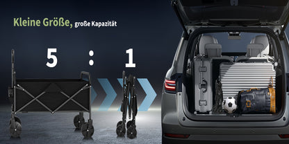 Carrello Pieghevole e Pieghevole, 220L Grande Capacità, Robusto Carrello Multiuso con Carico di 170kg, Ruote Girevoli a 360° All-Terrain da 12.7cm, Telaio in Acciaio, Manico Regolabile, Porta Bicchieri, Carrello Pieghevole Portatile per Giardino Campeggio